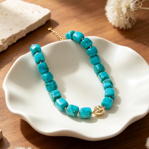 Chunky Beaded Necklace for Women,Square Resin beads boho Choker Necklace with gold-tone spacers,Fashion Trendy Summer Beach Party Necklaces Handmade Surfer Beach Necklaces Jewelry Gifts - color: Turquoise