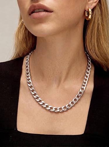 sailimue Chunky 18K Gold Plated Necklace Non Tarnish Heavy-Duty Stainless Steel Cuban Link Chain for Women Men Hypoallergenic Thick Choker Chain Necklaces Unisex Statement Jewelry Gift 9/13/15mm - color: Silver