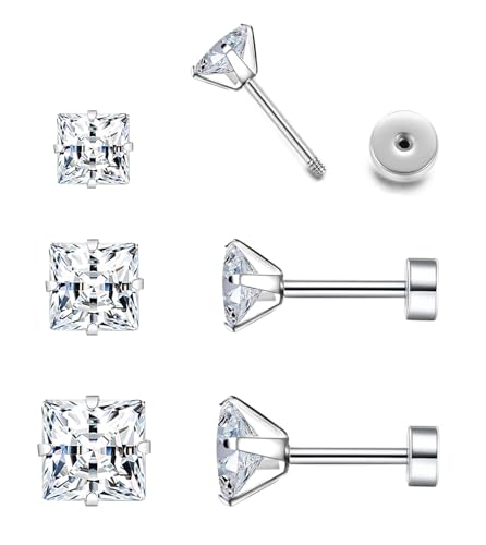 20G Hypoallergenic Surgical Steel Square Pearl Ball CZ Flat Back Stud Earrings for Sensitive Ear, Lightweight Shiny Earrings Studs for Helix Tragus Cartilage Multiple Piercing - color: Silver-A