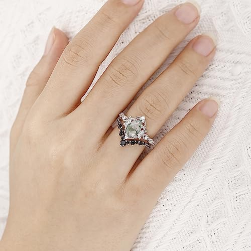 Moss Agate Bridal Wedding Rings Set for Women 925 Sterling Silver | Plated Platinum/Black Gold, Gothic, Vintage, Engagement Promise Ring, Anniversary Valentine Day Birthday Gift for Her - style: Platinum Plating New Moon Halo Ring