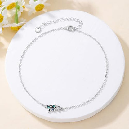 925 Sterling Silver Anklet Foot Bracelet with Crystal from Austria, Anklet Jewelry Gifts for Women 11 Inch Adjustable - style: Abalone Butterfly