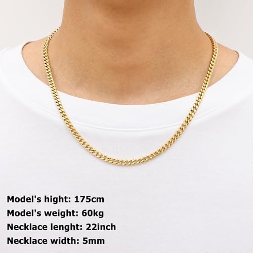 Fiusem Silver Tone/Black/14K Gold Plated Chain Necklace for Men, 5mm/6mm/7.5mm/8mm/9mm Stainless Steel Cuban Link Chain Necklace, Men's Chains 18-28 Inch Jewelry Gifts - size: 24", style: 5mm gold