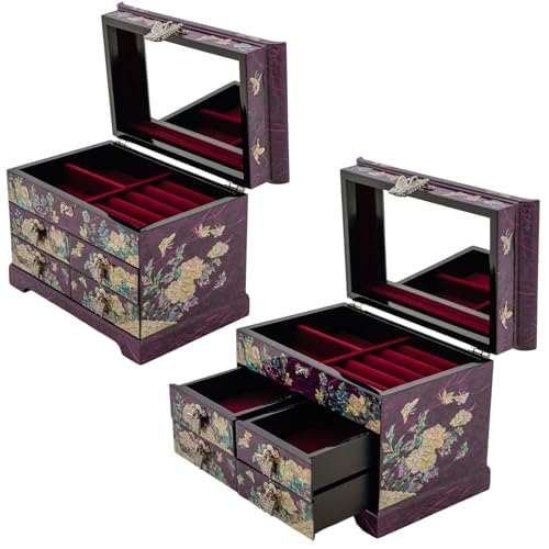 February Mountain Mother of Pearl Wooden Jewelry Organizer Box – Jewelry Storage Box for Women, Features Spacious Drawers, Ideal for Rings, Bracelets, Watches, Chains, Accessories (Peony_Purple) - style: Peony_Purple