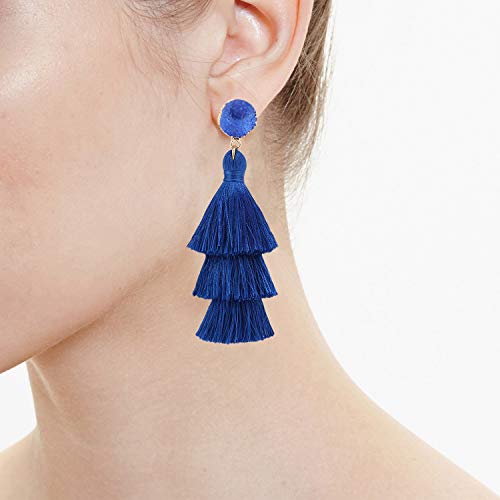 Bohemian Tiered Tassel Earrings with Druzy Stud for Women | Long Layered Fringe Drop Earrings, Statement Jewelry for Party Beach Festival - color: Royal Blue