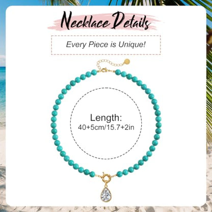 Beaded Gemstone Necklaces for Women Boho Beaded Choker Necklace | CZ Diamond Water Drop Pendant Necklace Natural Stone Jewelry Gifts - color: Blue