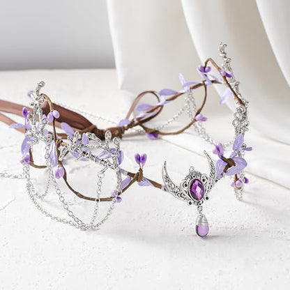 MOSTORY Woodland Elf Crown for Women - Medieval Elf Headpiece with Tassel for Renaissance Renfaire Fae Cosplay Viking Outfit - color: Purple-silver