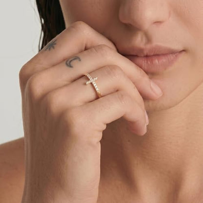 Cross Ring 14K Gold Plated 925 Silver with CZ, Stackable Rings - color: Cross White Gold, size: 7