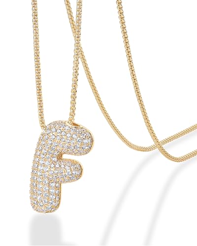 PAVOI 14K Gold Plated Cubic Zirconia Bubble Letter Initial Necklaces for Women | Gold Balloon Necklace Letter | Chunky Pendant Necklaces - style: -F