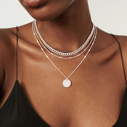 Layered Gold Silver Necklaces for Women, Stackable Stack 14K Real Gold Plated Silver Chain Necklace Diamond Circle CZ Layering Pendant Necklaces Trendy Gold Jewelry Set Gifts - color: silver, style: 3PC-Coin