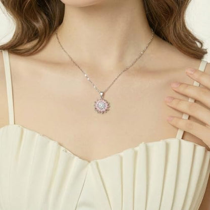 Sunflower Fidget Necklace for Women Gold Moon Necklace Rotating Heart Necklaces Spinning Crystal Flower Anxiety Necklaces Crescent Moons Jewelry Accessories - color: SilverPink