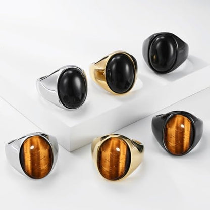 PAURO Men's Stainless Steel Oval Gemstone Signet Rings Minimalist Polish Plain Wedding Band - color: Gold Plated Black