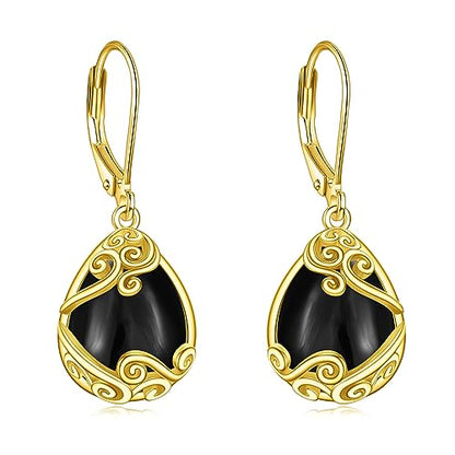 Sterling Silver Black Onyx Earrings for Women 18K Yellow Gold Plated Jewelry Gifts - style: Filigree Teardrop