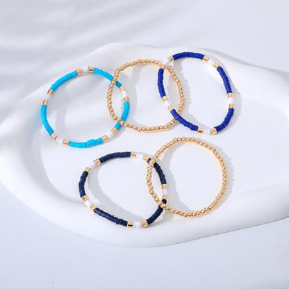 GOOJIDS Surfer Heishi Clay Bead Bracelets for Women Bohemian Stackable Gold Plated Beaded Stretch Bracelets Elastic Layering Friendship Bracelets Set Boho Jewelry - color: B-Blue Surfer Color & Gold Bead