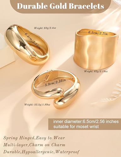 sailimue Chunky Gold Bracelets for Women Non Tarnish Bangles 4 Pcs | 16K Gold Plated Cuff Bracelets Stack Hinged Open Bangle Trendy Jewelry Gifts - style: Style C