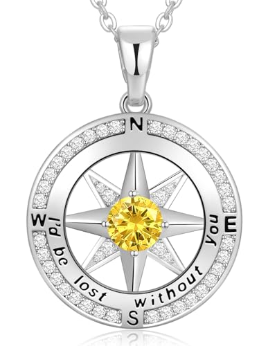 Peeshow Compass Birthstone Necklace for Women Wife, S925 Sterling Silver Gift for Wife Wedding Anniversary Birthday Gifts for Women Jewelry for Her Girlfriend I'd be Lost without You - style: 11-Nov-Citrine