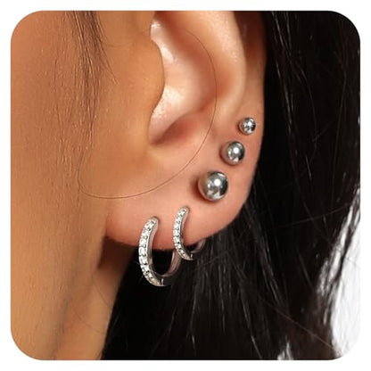 White Gold Earrings for Women Men Hoop and Stud Earring Set | Hypoallergenic 14K White Gold Plated Hoops Huggie Stud Earrings Set Round Cubic Zirconia Ear Jewelry - style: A4-White Gold-Hoop&Ball Stud (5 Pairs)
