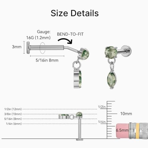 1PC ASTM F136 Titanium Push Pin Moss Agate Stone Flat Back Earrings 16G 8mm for Helix Conch Tragus - color: Teardrop-Tit