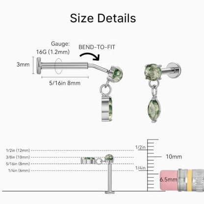 1PC ASTM F136 Titanium Push Pin Moss Agate Stone Flat Back Earrings 16G 8mm for Helix Conch Tragus - color: Teardrop-Tit