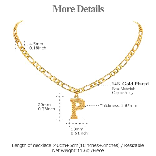 14K Gold Plated Initial Necklaces for Women Men A-Z Letter Necklaces | Figaro Chain, 16"+2" Adjustable Length, with Gift Box - style: P