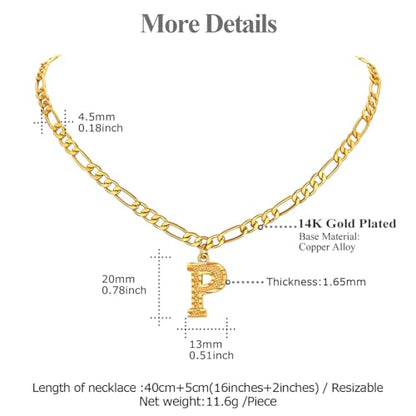 14K Gold Plated Initial Necklaces for Women Men A-Z Letter Necklaces | Figaro Chain, 16"+2" Adjustable Length, with Gift Box - style: P
