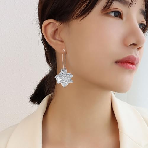 Bohemian Daisy Flower Matte Floral Long Petal Drop Dangle Earrings Layered Tiered for Women Chic Boho Wedding Jewelry - color: Silver