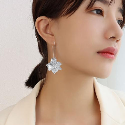 Bohemian Daisy Flower Matte Floral Long Petal Drop Dangle Earrings Layered Tiered for Women Chic Boho Wedding Jewelry - color: Silver