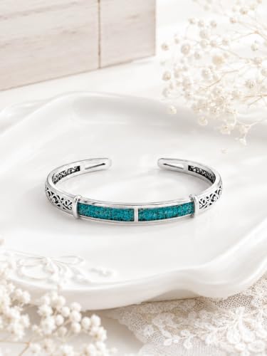 Native American Genuine Turquoise Cuff Bracelet for Women, 925 Sterling Silver Turquoise Boho Bangle, Adjustable Open Cuff Fits 6-7.5 Inches - style: Crushed Turquoise