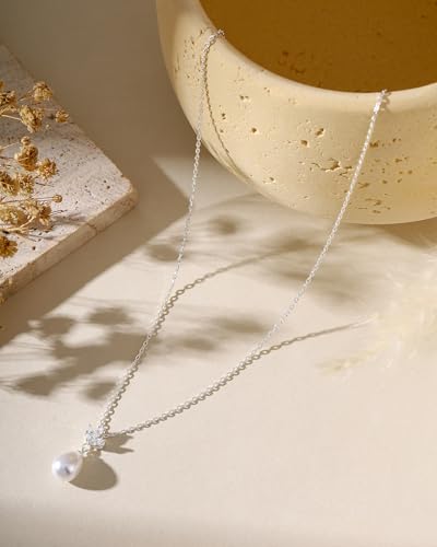 Pearl Necklaces for Women Trendy 14k Gold Plated Cubic Zirconia Pearl Pendant Necklace Valentines Day Wedding Birthday Mother's Day Gifts Dainty Gold Necklace for Women - color: Style 2 - Silver Necklace