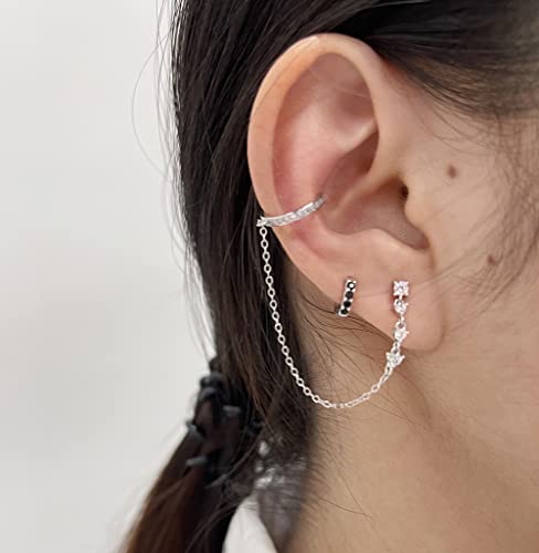 Crystal Ear Cuff Tassel Cartilage Stud Earring for Women Girls 925 Sterling Silver CZ Clip On Huggie Hoops Climber Crawler Long Chain Dangle Drop Hypoallergenic Earrings Fashion 1 Pcs Jewelry Gifts Birthday - color: Silver