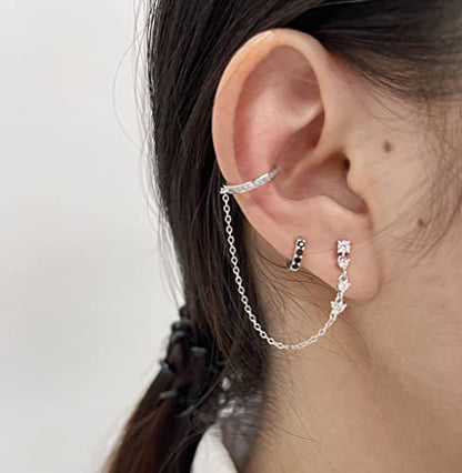 Crystal Ear Cuff Tassel Cartilage Stud Earring for Women Girls 925 Sterling Silver CZ Clip On Huggie Hoops Climber Crawler Long Chain Dangle Drop Hypoallergenic Earrings Fashion 1 Pcs Jewelry Gifts Birthday - color: Silver