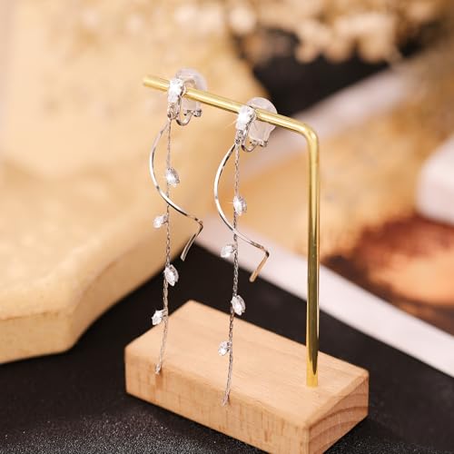 Gold/Silver Clip on Earrings Non Pierced for Women - 14K Gold Plated Long Tasse Drop Dangle Clip Earrings - Cubic Zirconia Leaf Earrings for Women Gold Wedding Jewelry Gifts - color: Silver