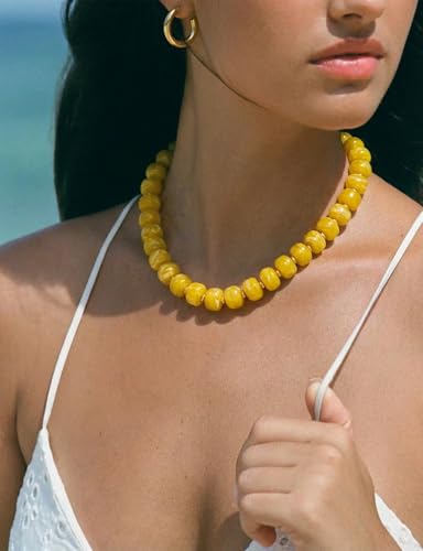 Chunky Colorful Choker Necklace for Women - Summer Beach Round Resin Beads Necklace, Trendy Statement Summer Beach Jewelry Birthday Gifts for Vacation Holiday - color: 14mm Yellow Beads