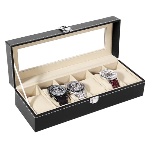 Uten Watch Box 6 Slots, Watch Storage Display with Glass Lid - color: Black + Beige, size: 6 Slots