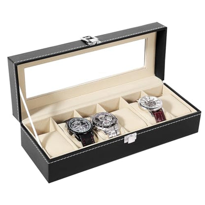 Uten Watch Box 6 Slots, Watch Storage Display with Glass Lid - color: Black + Beige, size: 6 Slots