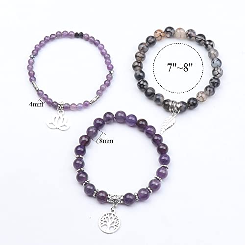 Tree of Life Yoga Healing Stone Bracelets,Multilayer Lotus Chakra Stone Reiki Bracelet Sets,Anxiety Crystal Natural Stone,for Women Stress Relief - style: Amethyst+Dragon's Vein Agate