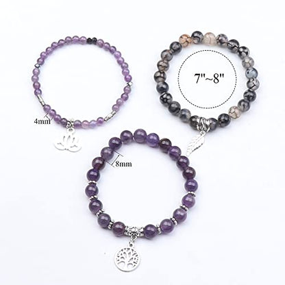Tree of Life Yoga Healing Stone Bracelets,Multilayer Lotus Chakra Stone Reiki Bracelet Sets,Anxiety Crystal Natural Stone,for Women Stress Relief - style: Amethyst+Dragon's Vein Agate