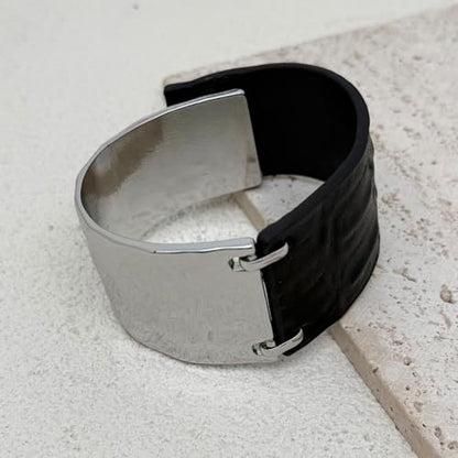 Leather Bracelet for Women Black Leather Golden Bracelet Bangle Chunky Leather Wrap Bracelet for Women Statement Jewelry Gift - style: Genuine Leather Bracelet-Silver