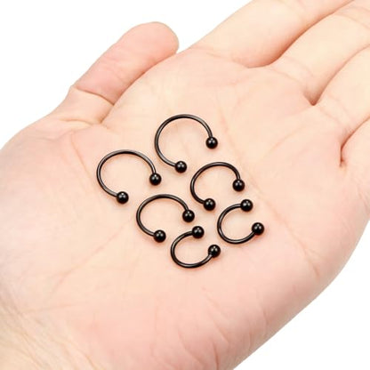 6PCS Septum Rings 18G Stainless Steel Nose Septum Ring Horseshoe Earring Eyebrow Lip Smiley Piercing Jewelry for Women Men Inner Diameter 8mm/10mm/12mm - color: black,ball closure
