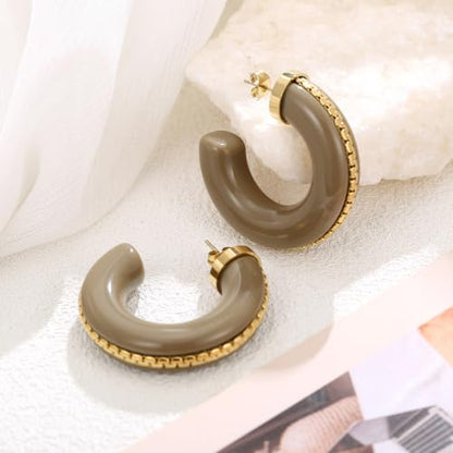 Gold Plated Resin Chunky Hoop Earrings Hypoallergenic Push Back Hoops for Sensitive Ears - color: taupe