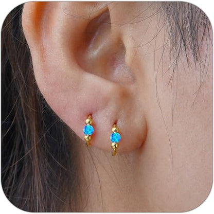 2 Pcs Small Cartilage Hoop Earrings for Women Men, 18G Opal Silver Earrings Hypoallergenic 316L Surgical Steel Hinge Huggie Hoop Earrings for Helix,Tragus,Conch,Rook,Earlobe Piercing Jewelry Nose Ring - style: 2Pcs 8mm Blue Opal/Gold