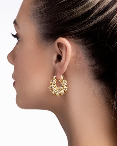 18K Gold Plated Chunky Curve Twisted Open Hoop Statement Stud Earrings with CZ for Women by SNGIA, Large Handmade Spiral Texture Braided Formal Trendy Hoop Jewelry Gifts, Big Circle Geometric Shell Beachy Vacation Fashion Hanging Earrings Accessories, Vin