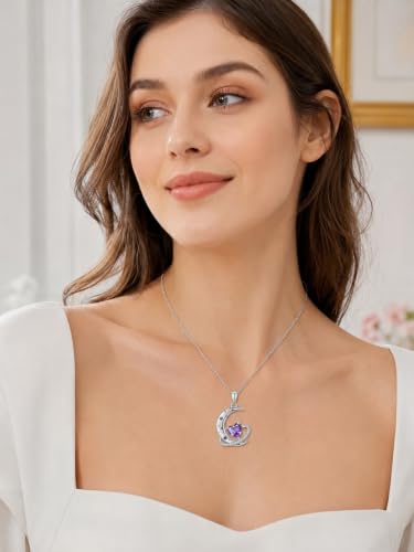 Birthstone Necklace for Women White Gold Moon and Star Pendant Moon Jewelry Anniversary Birthday Gifts for Mom Wife Her - color: 02. February - Amethyst