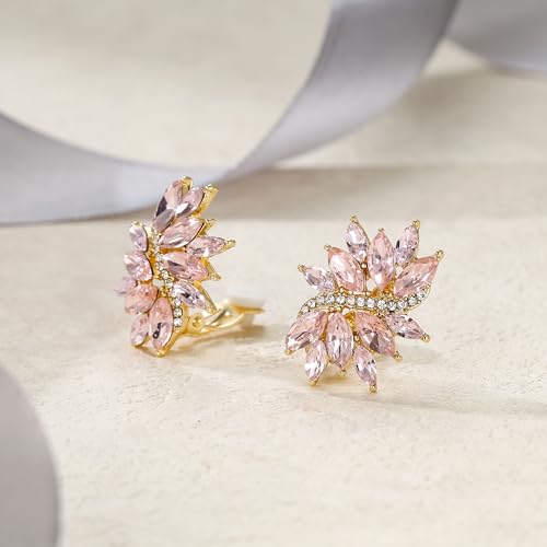 EVER FAITH Sparkly Rhinestone Clip-on Earrings for Women Bride, Fashion Marquise Crystal Cluster Wedding Bridal Stud Earring for Prom Formal Party - color: Pink Gold-Tone
