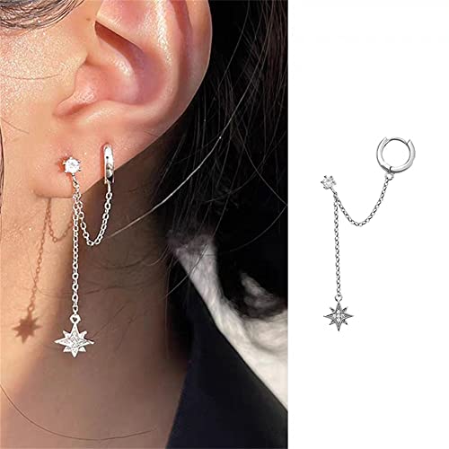 Star 925 Sterling Silver Double Piercing Earrings Huggie Cuff Chain for Women Teen Girls 2 Holes CZ Charm Dangle Drop Small Hoop Earrings Cartilage Climber Jewelry