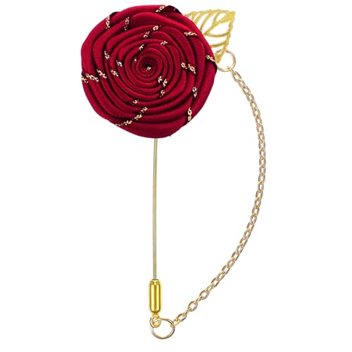 Gold Lapel Pin for Men, Gold Foil Brooch Men's White Flower Satin Lapel Pin with Metal Chain for Suits Professional Tuxedo Groom Wedding Brooch - color: Wine Red