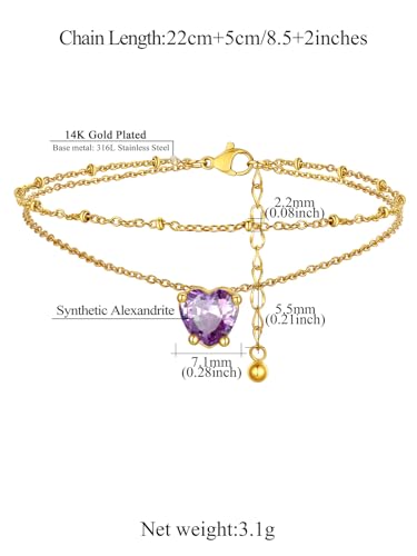 FindChic Bling Heart Birthstone Anklets Layered Beaded Ankle Bracelets for Women Gold/Black/Silver 12 Month Gem Colors Foot Chain Summer Jewelry for Girls, with Gift Box - color: Gold, style: 06. Jun.-Created Alexandrite(Prong Setting)