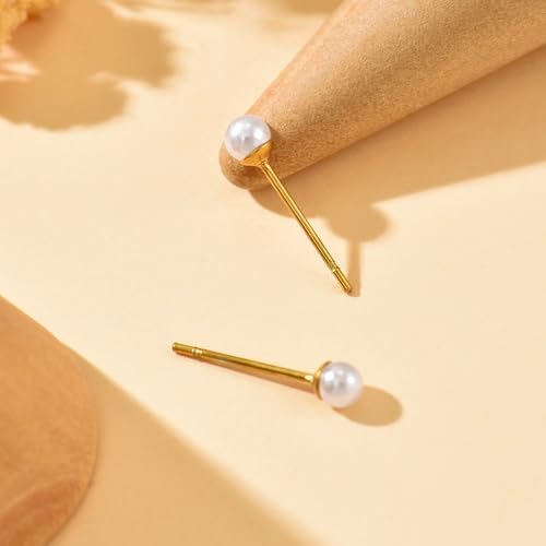 Pearl Stud Earrings for Women Gold/Silver Plated 3mm 4mm 5mm 6mm 8mm Pearl Earrings Dainty Hypoallergenic Earrings - color: Gold, size: 3 Millimeters