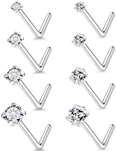 18G 20G 14K Gold Filled Nose Rings Studs Piercing Jewelry For Women Men 316L Surgical Steel Round Square Cubic Zirconia Nose Rings Studs Nostrial Piercing Jewelry CZ 1.5mm 2mm 2.5mm 3mm - color: Silver, size: 18 Gauge-L Shaped-Round and Square CZ