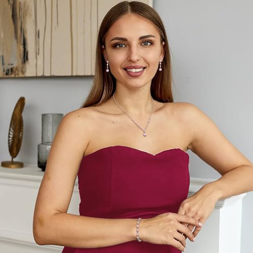 Teardrop Marquise Cubic Zirconia Wedding Prom Jewelry Set for Women Bridal | Silver/Gold/Rose Gold Plated, Pear Cut Pendant Necklace Drop Earrings Link Bracelet, for Bride Bridesmaid, for Banquet Party - style: B_Three Set, Pink Silver-Tone (Teardrop)