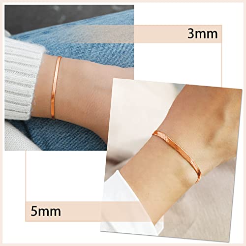 ChainsHouse Stainless Steel Herringbone Flat Chain Bracelets for Women,18K Gold/Rose Gold/Black Metal Paperclip/Snake/Cuban/Figaro Sterling Silver Link Charm Bracelet, 16+5cm Adjustable, With Gift Box - color: h. herringbone-rose gold-6mm